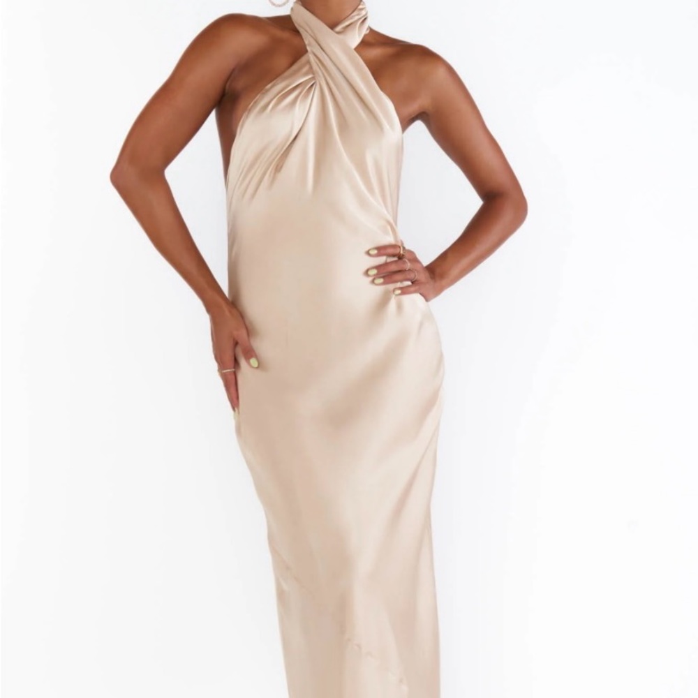 SHOW ME YOUR MUMU Jasmine Halter Maxi Dress — Champagne Luxe Satin NWT
